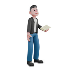 Obraz premium 3D Music Star Character Model. A male musician stands holding paper in hand with tired expression. Cartoon Performer