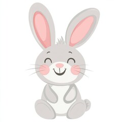 A cartoon bunny with grey fur, pink ears, and a big smile sitting on its hind legs.