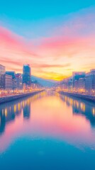 Serene sunset over a city river, reflecting vibrant colors and lights.