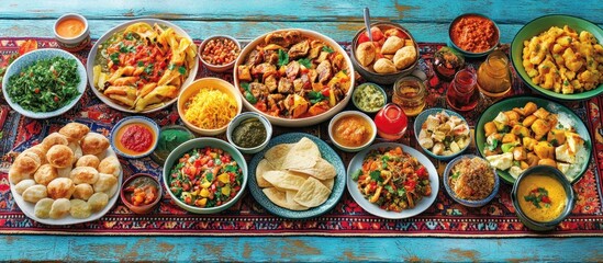 Fototapeta premium A colorful spread of traditional Middle Eastern cuisine on a wooden table.