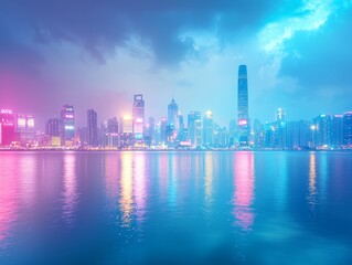 Fototapeta premium A vibrant city skyline at dusk, reflecting colorful lights on the water.