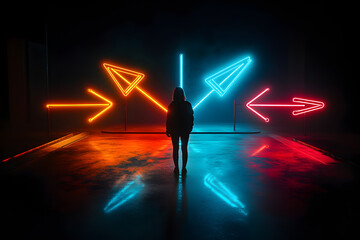 An artistic interpretation of a mysterious figure at a crossroads illuminated by neon signs in all directions on a dark canvas.