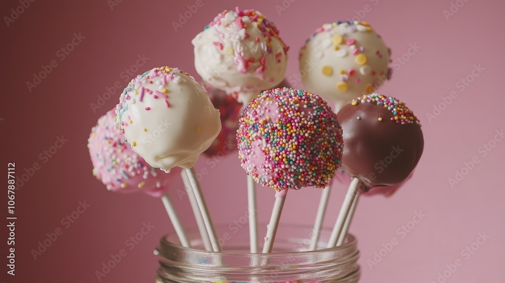 Poster colorful cake pops, with a playful mix of frosting and sprinkles, neatly arranged in a decorative ja