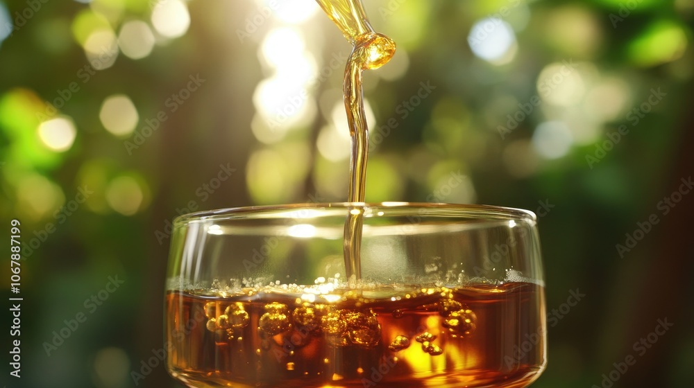 Poster dark cold brew coffee dripping drop by drop through a clear glass filter, producing a chilled, refre