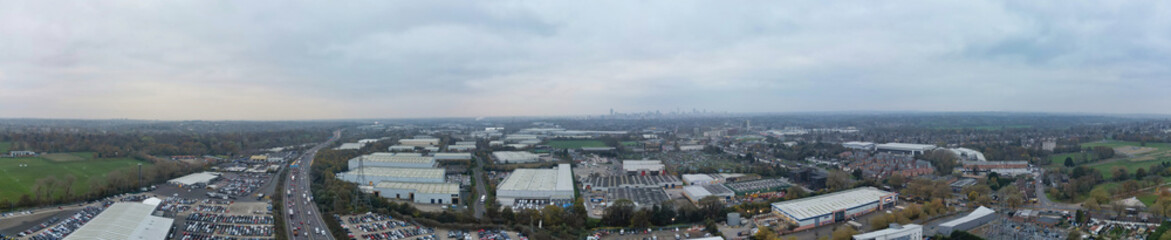 Panoramic Birmingham Perry Barr Central City. It is a major city in England, West Midlands Region of United Kingdom. Drone's Camera Footage During Mostly Cloudy Early Morning on November 4th, 2024
