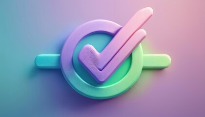 Abstract graphic featuring a circular check mark design in vibrant colors, symbolizing approval or completion.