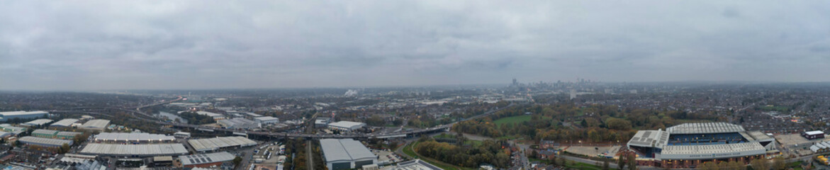 Panoramic Birmingham Perry Barr Central City. It is a major city in England, West Midlands Region of United Kingdom. Drone's Camera Footage During Mostly Cloudy Early Morning on November 4th, 2024