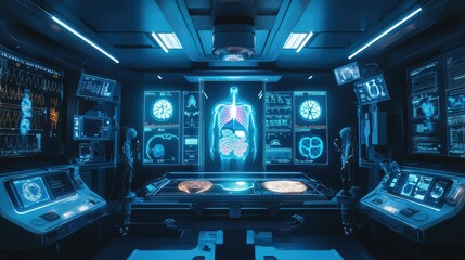 Fototapeta premium Human body organs in a futuristic medical setting with illuminated displays, symbolizing advanced healthcare and diagnostic technologies