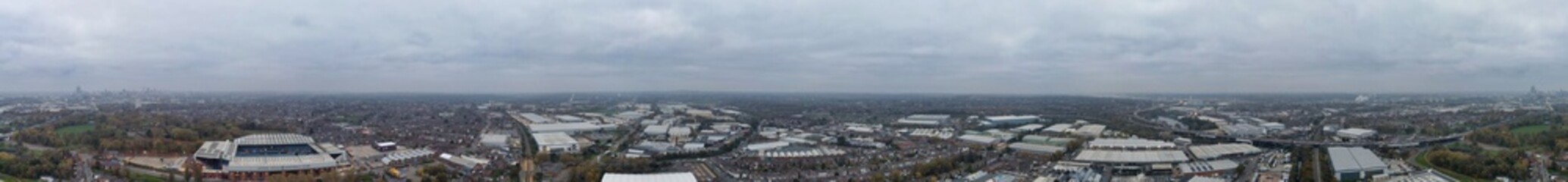 Panoramic Birmingham Perry Barr Central City. It is a major city in England, West Midlands Region of United Kingdom. Drone's Camera Footage During Mostly Cloudy Early Morning on November 4th, 2024