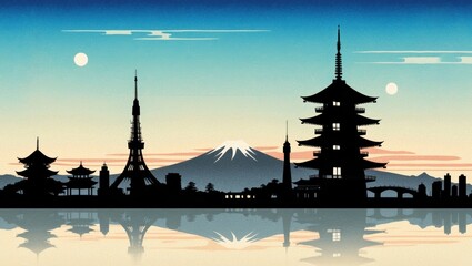 Naklejka premium Scenic Silhouette of Japan's Iconic Landmarks at Dusk