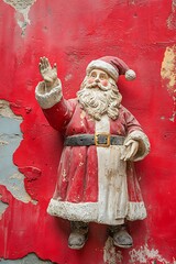 Santa Claus figure gesturing toward a red wall.