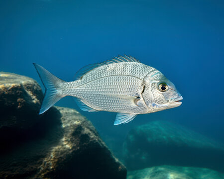 White seabream and rock in background Mediterranean sea background