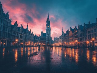 Fototapeta premium A twilight view of a historic square with a prominent clock tower.
