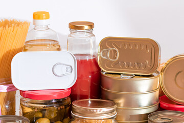 Food Reserves: Canned Food, Spaghetti, Pate, Tuna, Tomato Juice, Pasta, Fish and Grocery. Emergency Food Storage in Case of Crisis. Strategic Food Supplies