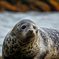 Fototapeta premium Grey seal on Scottish coast with sparling eyes watching everything on water