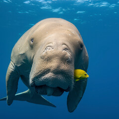 Naklejka premium Dugong male or sea cow with yellow fish in the deep blue water of Red Sea