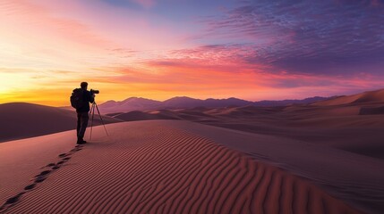 Fototapeta premium A photographer captures a stunning sunset in a vast desert landscape, showcasing the beauty of nature and adventure.