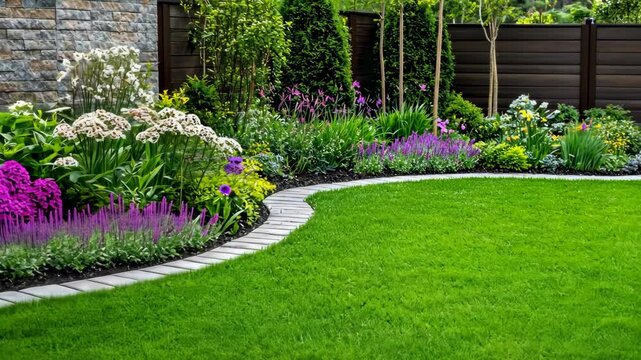 A well-maintained backyard with lush green grass and a stone path leading to a flower garden