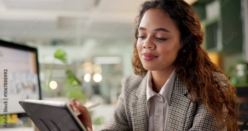Aufkleber business, stylus and woman with tablet, thinking and connection with graphic design. employee, creat