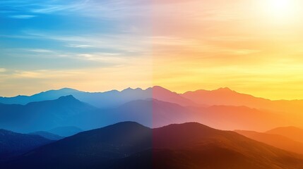 A breathtaking landscape showcases a gradient sky from blue to golden, with layered mountains creating a peaceful, serene atmosphere.