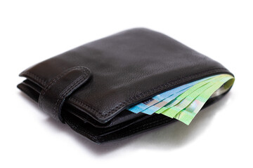 Black Leather Men Wallet with Euro Banknotes Inside - Isolated on White Background. A Purse Full of Money Symbolizing Wealth, Success and Social Status - Isolation
