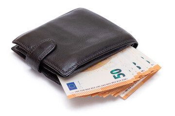Black Leather Men Wallet with Fifty Euro Banknotes Inside - Isolated on White Background. A Purse Full of Money Symbolizing Wealth, Success and Social Status - Isolation
