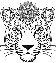 Leopard face with mandala pattern on head , thick lines, low details, no shading, white background.eps