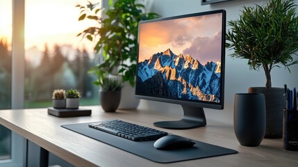 Stylish desk setup with a desktop computer displaying a mountain landscape, surrounded by indoor plants, creating a calm and inspiring workspace by the window.