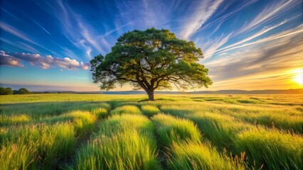 Obraz premium Solitary Tree Stands Tall in a Field of Waving Grass Against a Dramatic Sunset Sky