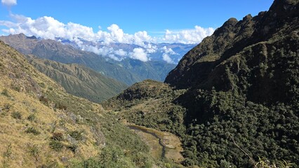 Inca Trail winding through the peaks of the Andes Mountains landscape. Scenery views of the Andes Mountain range in Peru.