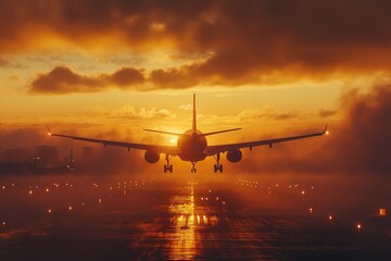 Air travel dynamics. an aircraft in action showcasing global logistics, airport infrastructure, and aviation technology, emphasizing safety, environmental impact, 