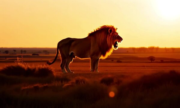 Roaring Lion in Vast Savannah Landscape at sunset