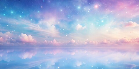 Obraz premium Celestial Reflection A Dreamy Sky with Silvery Clouds and Shimmering Stars Reflected in a Tranquil Water Surface