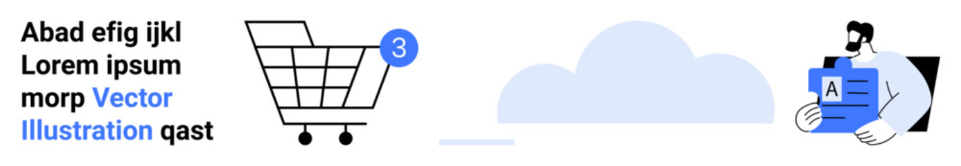 Shopping cart with notification icon, person with document containing A. Ideal for e-commerce, online shopping, digital marketplaces, retail stores, notifications, business presentations. Landing