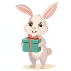 Cute rabbit holding a gift box isolated over white background.