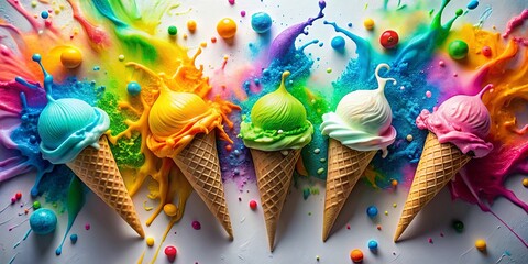 Obraz premium A symphony of color erupts from vibrant ice cream cones, leaving a trail of playful splatters and sprinkles on a pristine white canvas.