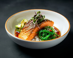 Traditional Japanese gourmet salmon fish steak tataki with chopped avocado, rice and wakame