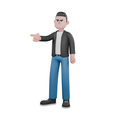 3D Musician Model. A male musician is standing facing to the right side with his right hand pointing forward then the left hand is perpendicular down and holding. 3D Music Performer