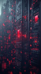 Obraz premium A futuristic server room with glowing red lights and intricate circuitry.