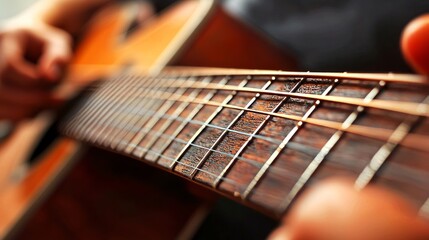 Fototapeta premium Close-up of a person's hand playing guitar strings.