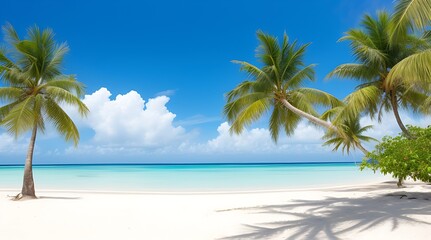 Obraz premium Idyllic tropical beach with palm trees, white sand, and crystal-clear blue water.