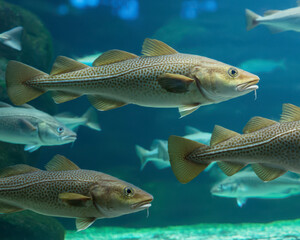 Cods or Gadus morhua and saithes Pollachius Virens fish in the Atlantic Sea Park in Alesund, Norway