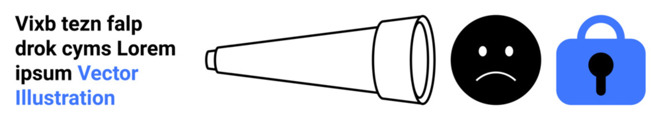 Telescope, sad face, and blue padlock representing privacy, security, and observation. Ideal for data privacy, security awareness, emotional states, online protection, restricted access, surveillance