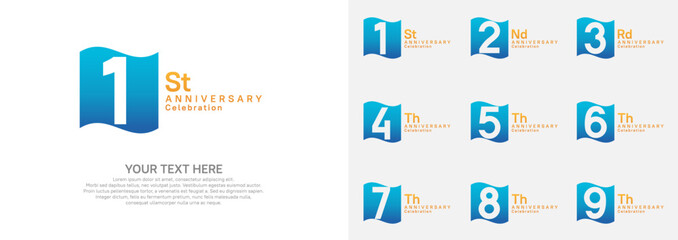 Anniversary logo set vector design, blue and orange color for celebration event