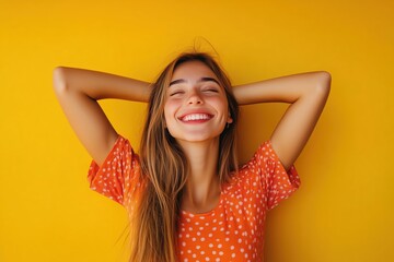 Fototapeta premium Cheerful Woman in Polka Dot Dress Against Yellow Background. Generative AI.
