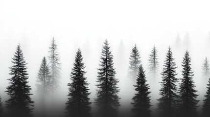Obraz premium Misty Forest Silhouette Tall Pine Trees in Foggy Morning Landscape