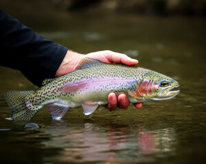 Obraz premium Rainbow trout caught and released in the River in downtown, wild river life
