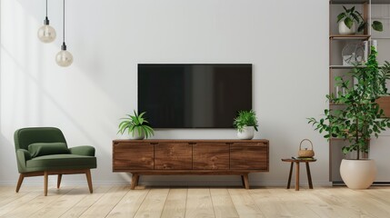 Minimalist Living Room with Green Accents and Wooden Furniture