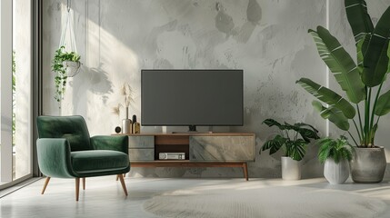 Modern Living Room with Green Accents and a Flat Screen TV