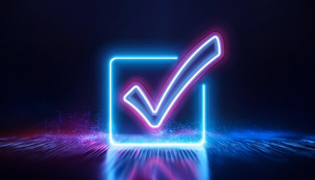 A glowing blue and pink check mark inside a neon box, symbolizing approval or completion against a dark background.